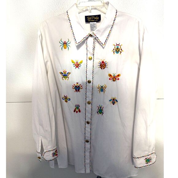 Bob Mackie Tops - Bob Mackie Wearable Art Blouse w/ Insect Motif Embroidery on Cuffs, Yoke, Front